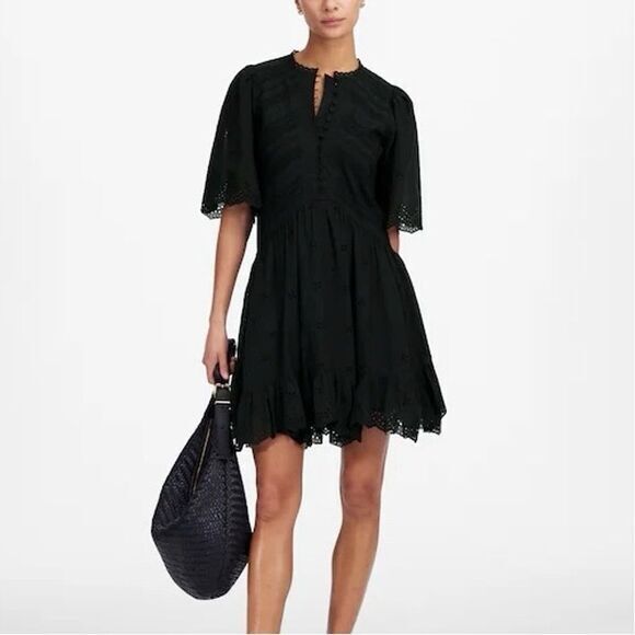 NWT Madewell Women's Black Eyelet Flutter Sleeve Mini Dress Size 0 Cotton Voile - Picture 1 of 9